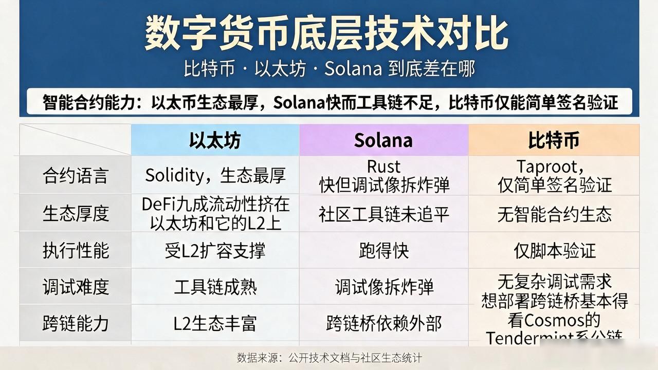 区块链智能合约生态对比_各种数字货币技术对比_比特币以太坊Solana共识机制区别
